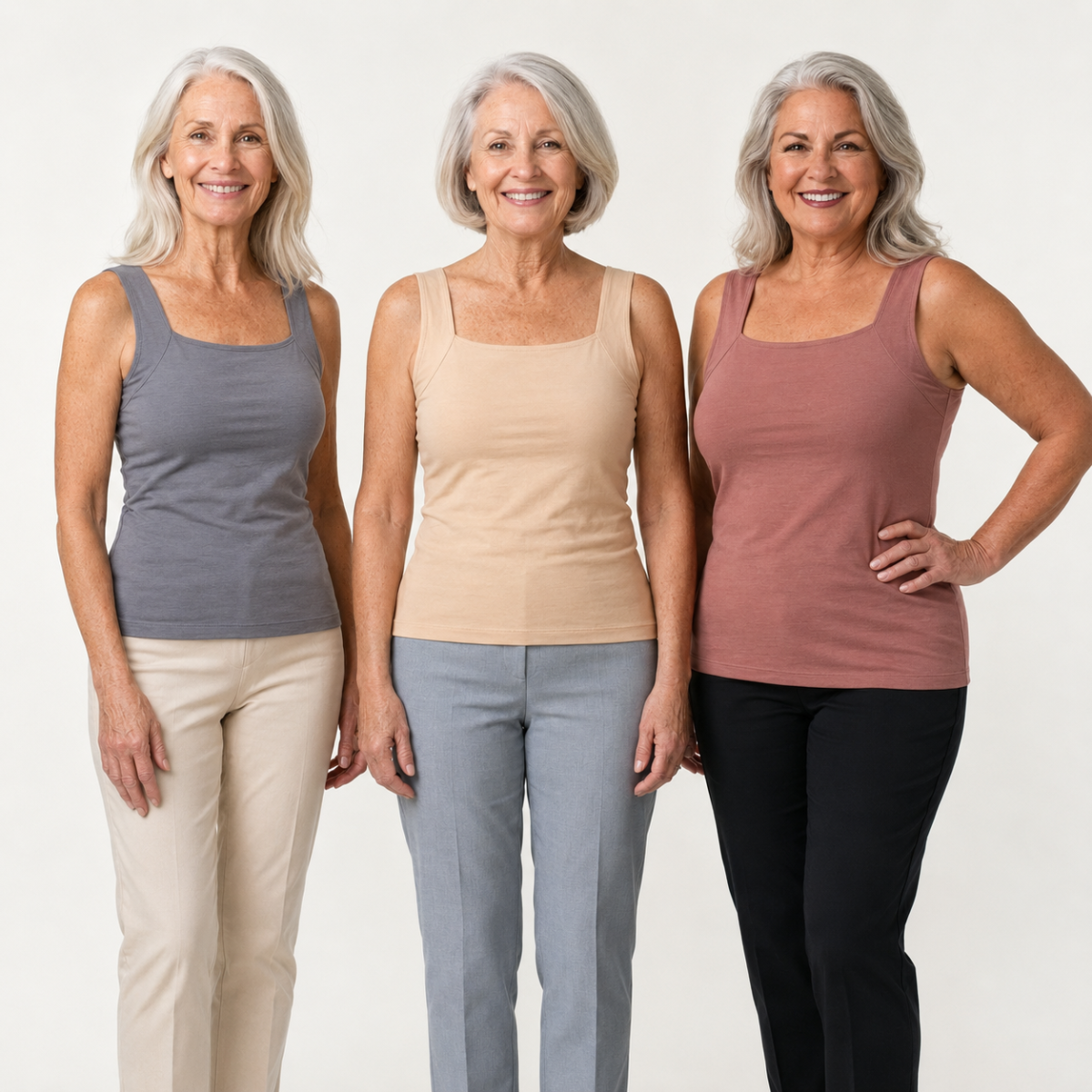 Three women wearing tank tops and pants on a white background